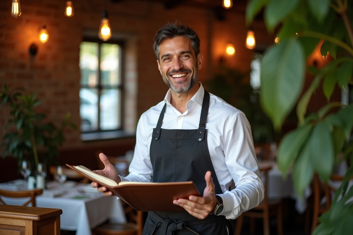 Hôte souriant du restaurant Luci à Argenteuil tenant la carte du menu, accueil chaleureux en salle dans un décor de bistrot contemporain