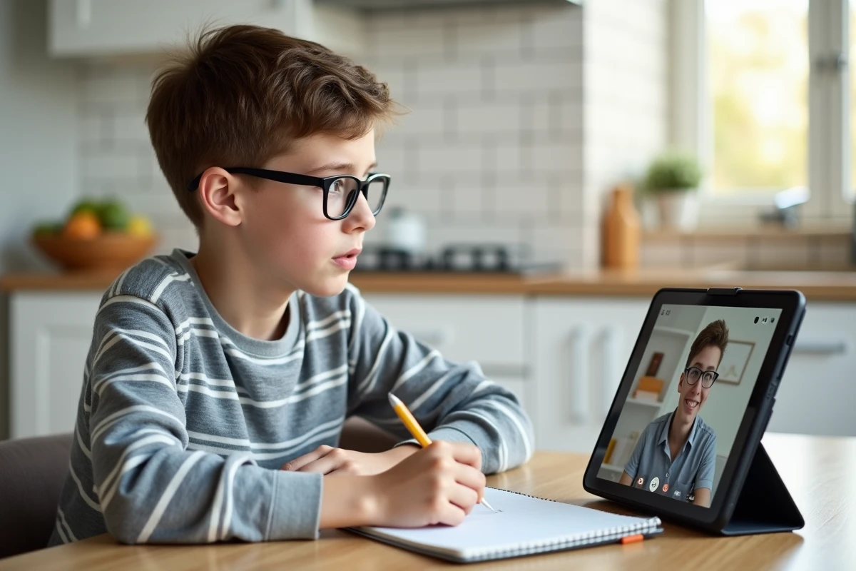 Adolescent portant des lunettes participant à une session de tutorat en ligne sur une tablette dans la cuisine familiale