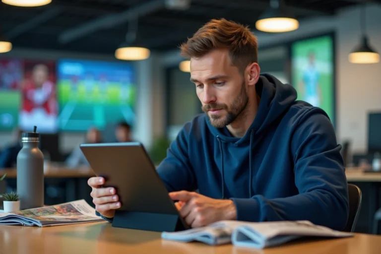 Athlète masculin consultant une application d'actualités sportives sur tablette dans un bureau moderne dédié aux médias sportifs