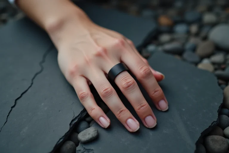 Main de femme portant une bague noire mate en tungstène posée sur une ardoise grise, gros plan symbolique