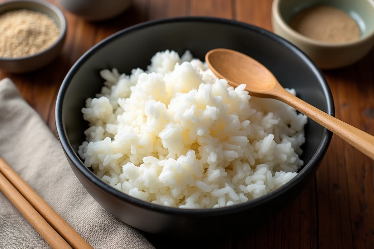 Bol de riz blanc bien cuit et moelleux dans un récipient en céramique noire avec une spatule en bois sur une table en bois rustique vue de dessus