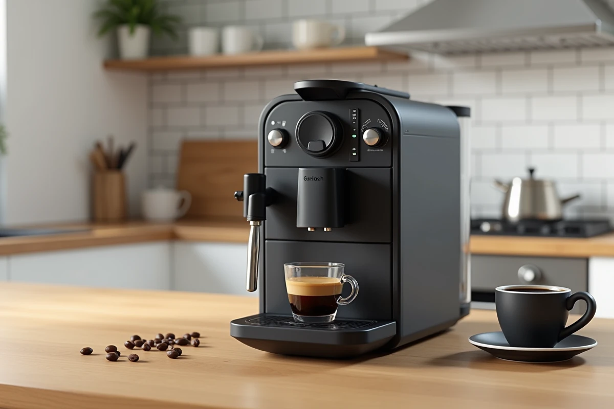 Cafetière à grain automatique noire sur un plan de travail en bois clair avec tasse espresso et grains de café