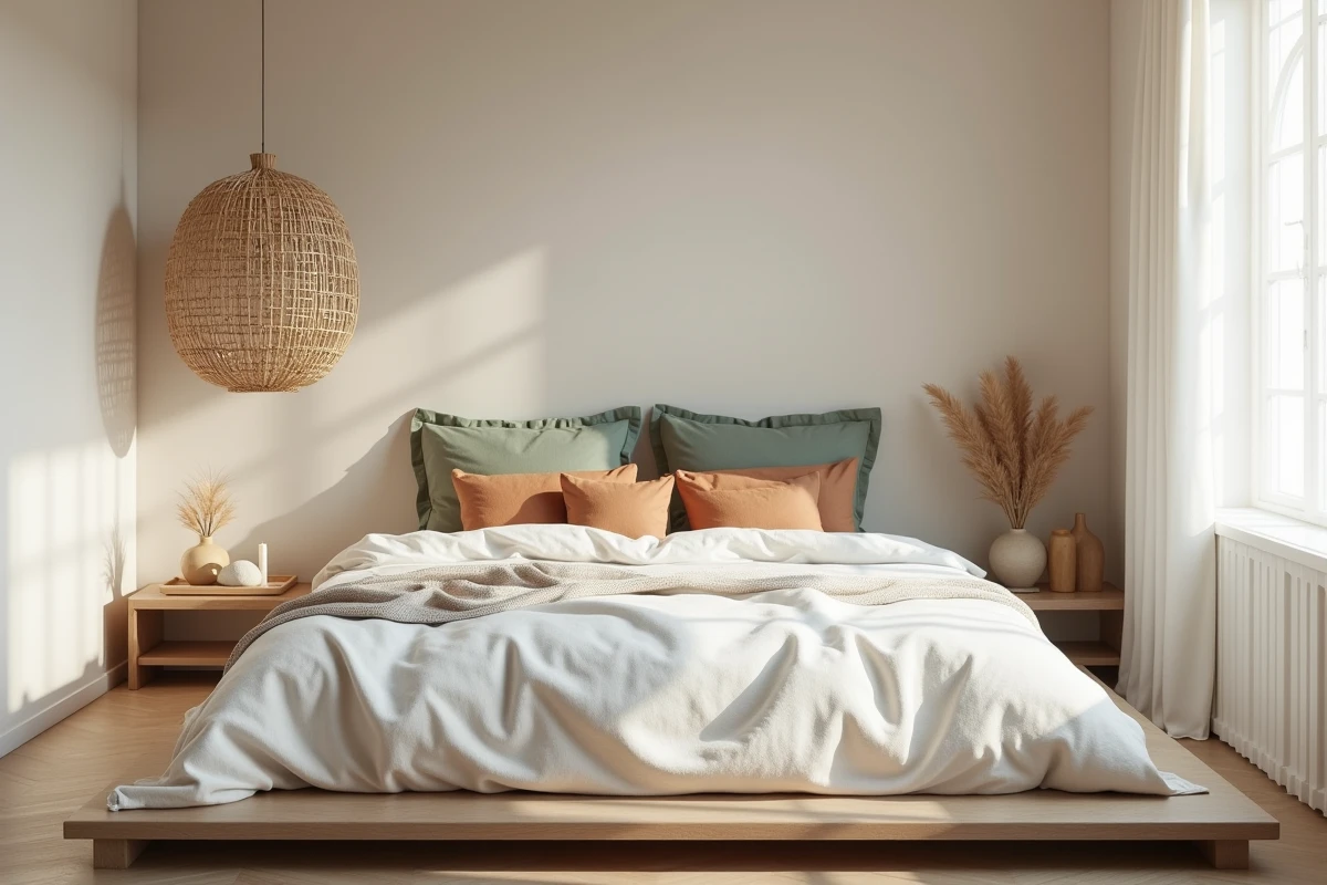 Chambre apaisante avec literie en coton blanc, coussins en lin sauge et décoration naturelle pour un intérieur sérénité