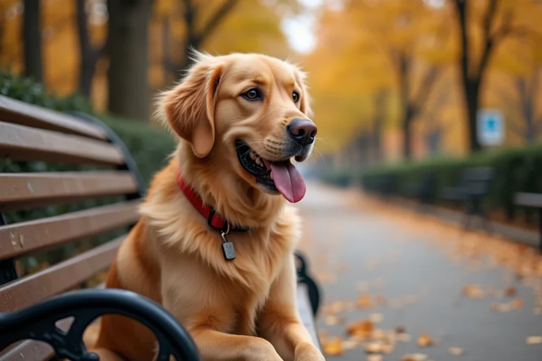 Golden retriever assis sur un banc en bois dans un parc en automne, portant un collier rouge, expression joyeuse et détendue