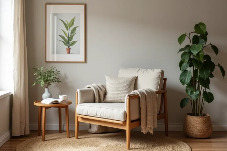 Coin lecture cosy avec fauteuil en lin beige, table en bois naturel et plante verte dans un intérieur zen et apaisant