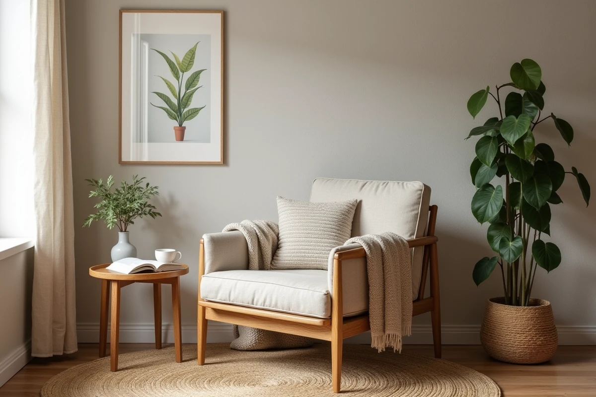 Coin lecture cosy avec fauteuil en lin beige, table en bois naturel et plante verte dans un intérieur zen et apaisant