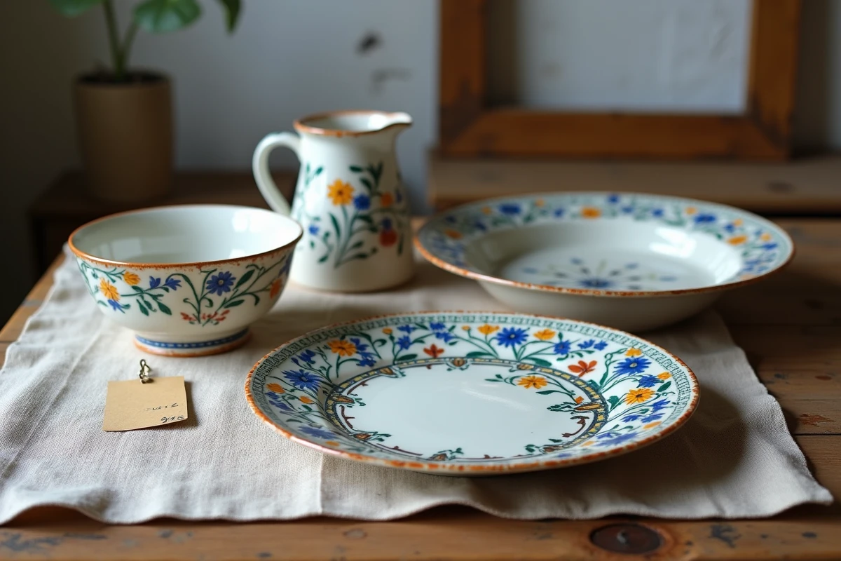 Collection de trois pièces de faïence Henriot Quimper anciennes avec motifs bretons peints à la main sur tissu de lin