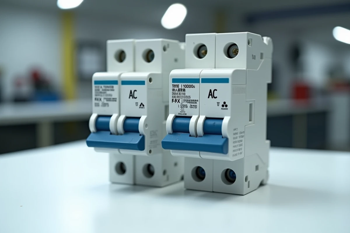 Comparaison côte à côte d'un disjoncteur type A et d'un disjoncteur type AC sur un établi d'atelier électrique