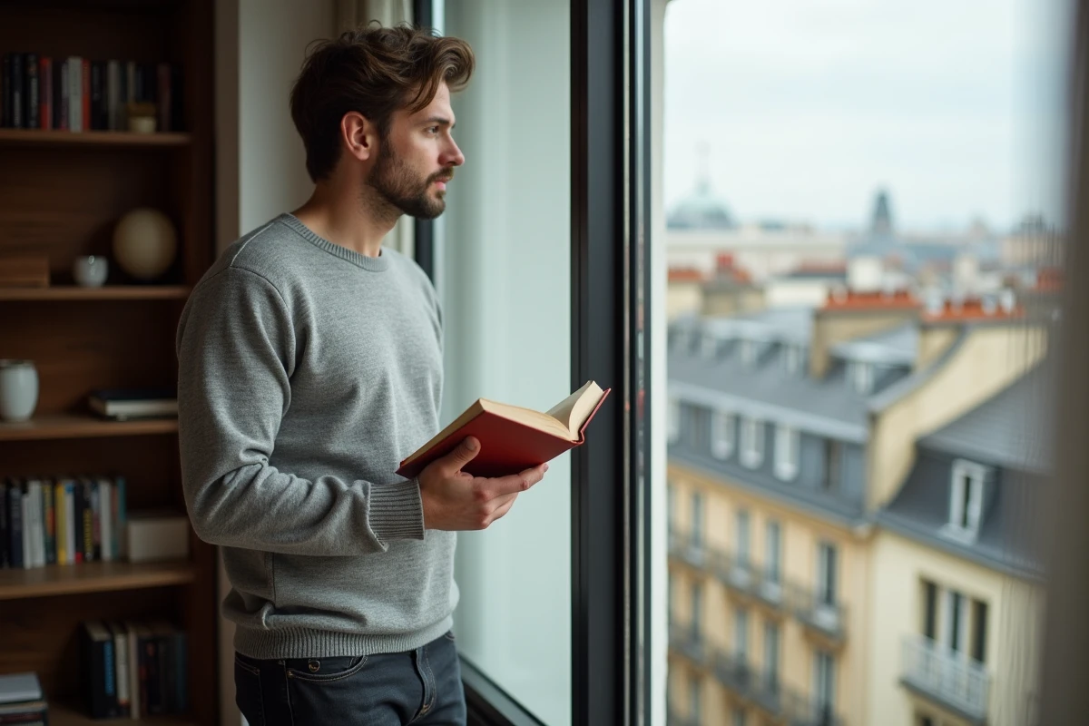 Homme dans un appartement parisien tenant un livre, évoquant la vie intime et les confidences de Florian Tardif