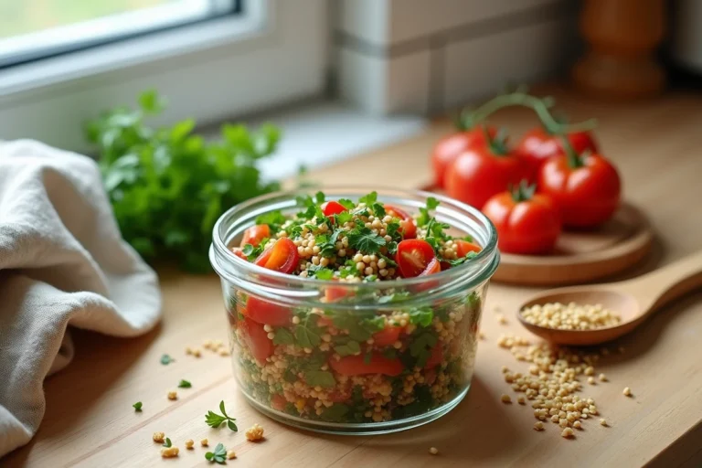 Boîte hermétique en verre remplie de taboulé maison prêt à être congelé, posée sur un plan de travail en bois avec du persil frais et des tomates cerises