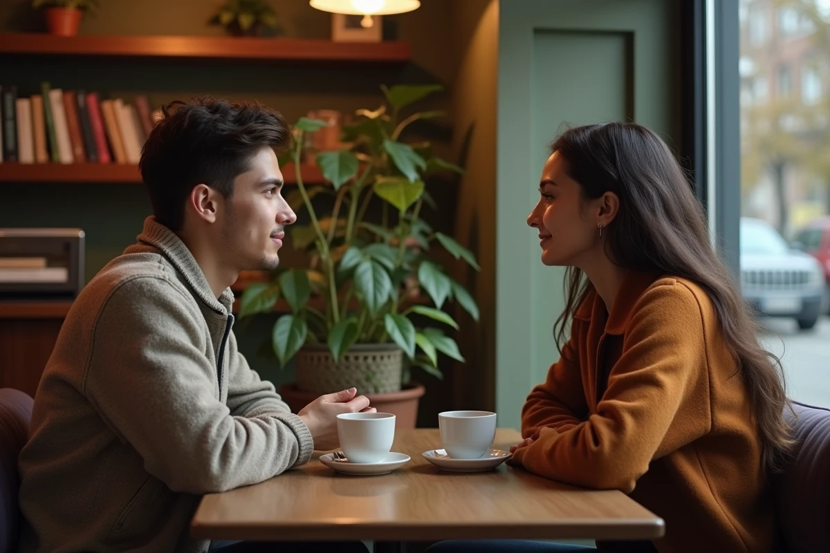 Deux jeunes adultes discutant dans un café chaleureux