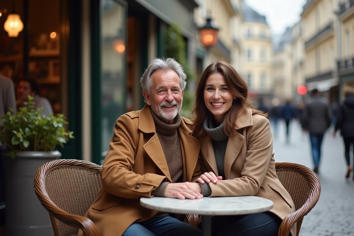 Couple souriant en terrasse de café parisien, atmosphère romantique et authentique