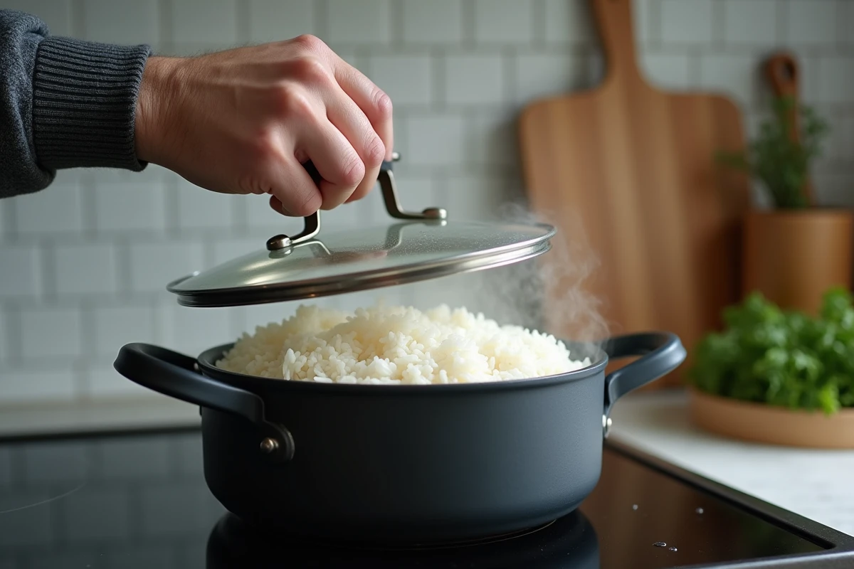 Homme soulevant le couvercle d'une casserole de riz en train de cuire sur une gazinière avec de la vapeur qui s'échappe