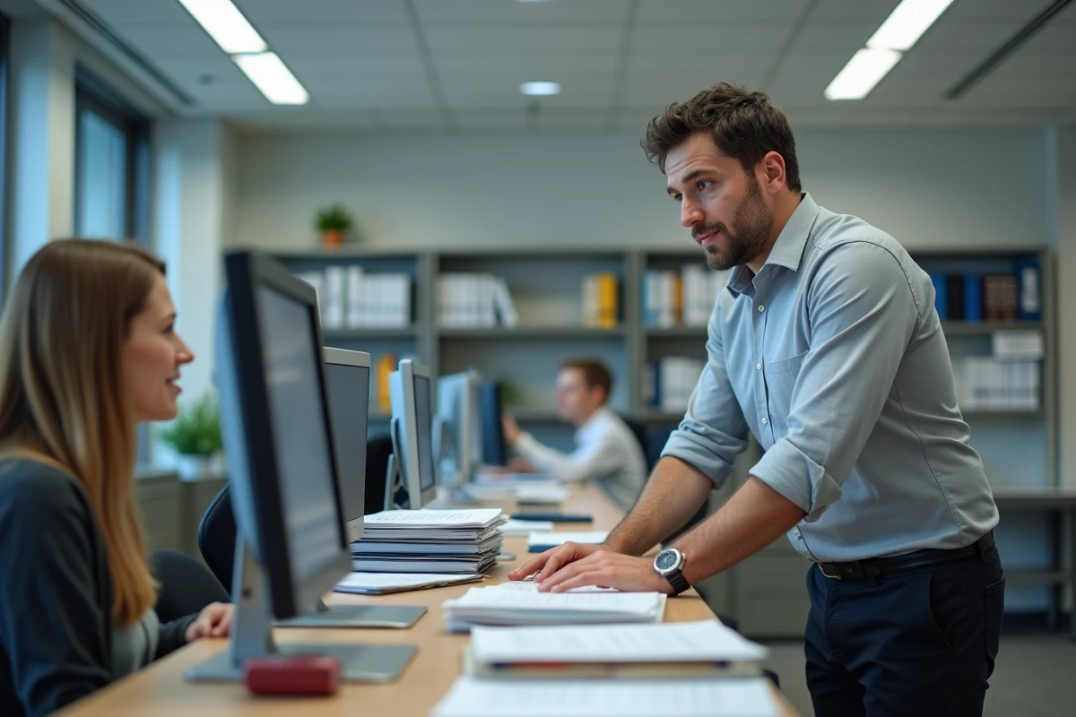 Administrateur scolaire en discussion avec une collègue dans les bureaux d'une académie pour résoudre un problème de retard de paiement de salaire