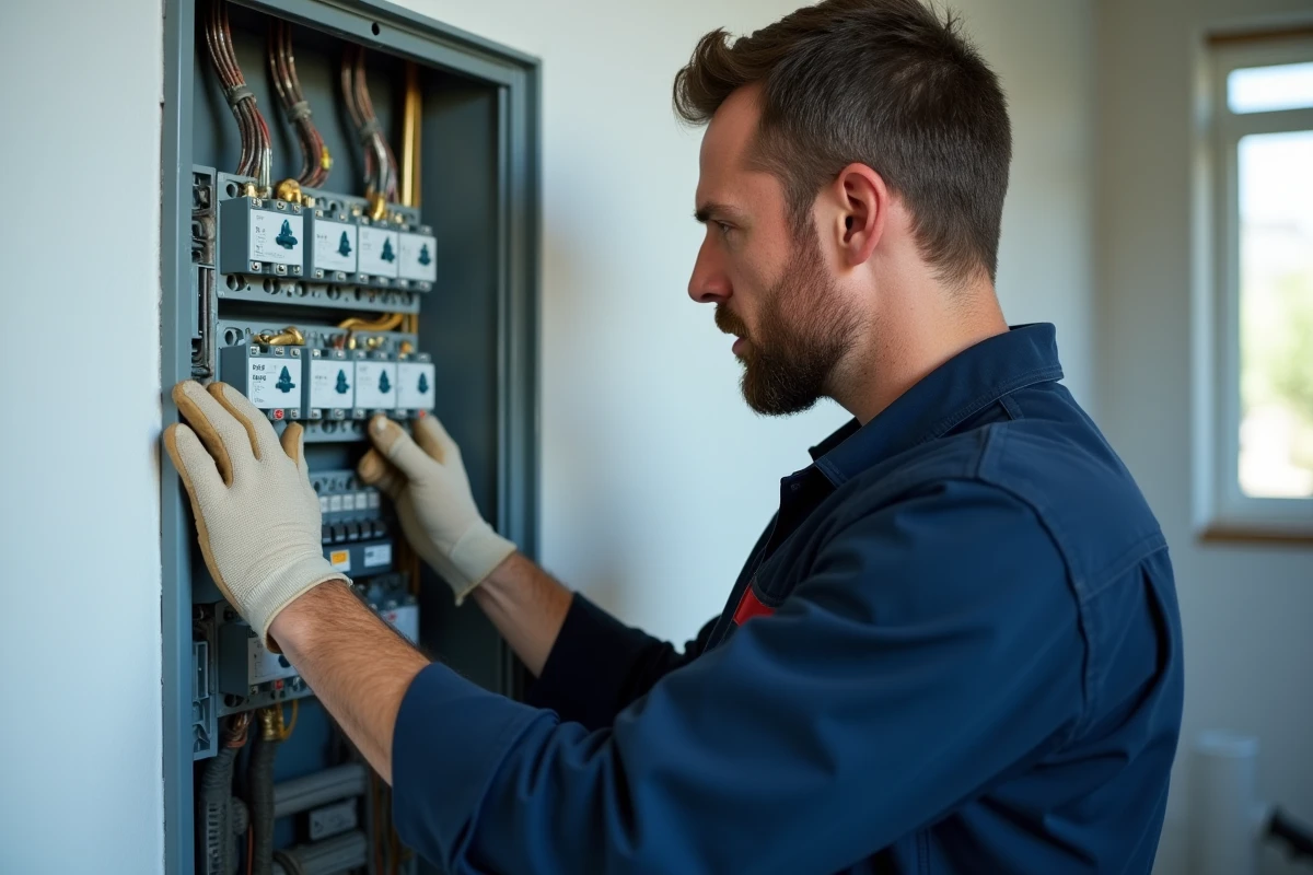 Électricien inspectant un tableau électrique avec disjoncteurs de type A et AC dans une maison moderne