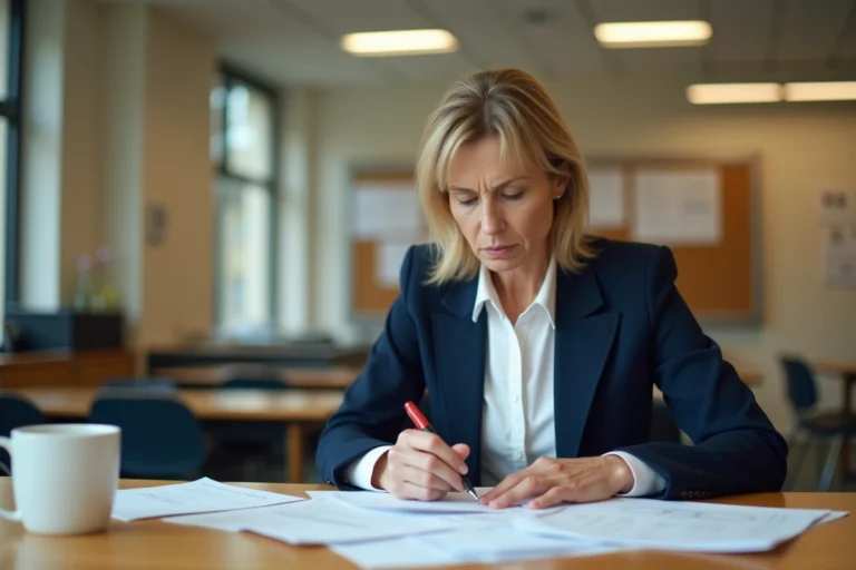 Enseignante inquiète consultant ses fiches de paie en salle des professeurs suite à un retard de salaire dans l'Éducation nationale