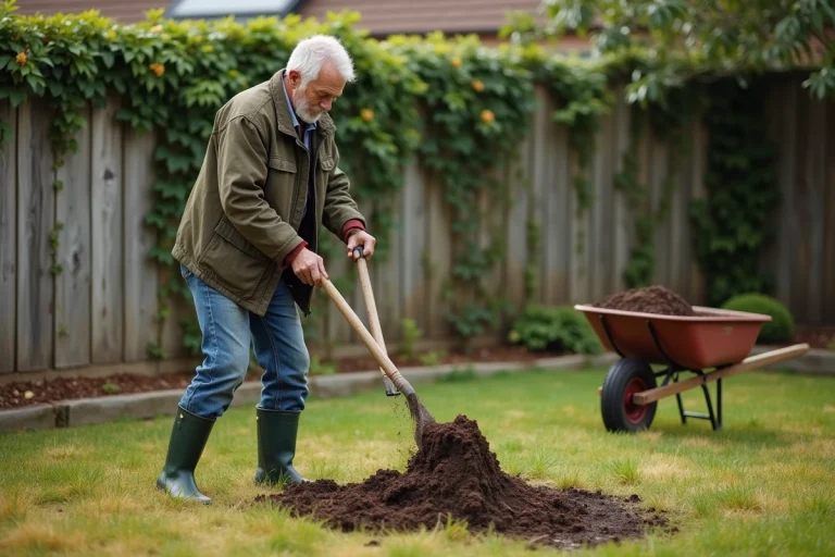 Jardinier épandant du fumier composté sur une pelouse résidentielle en automne avec une fourche de jardin