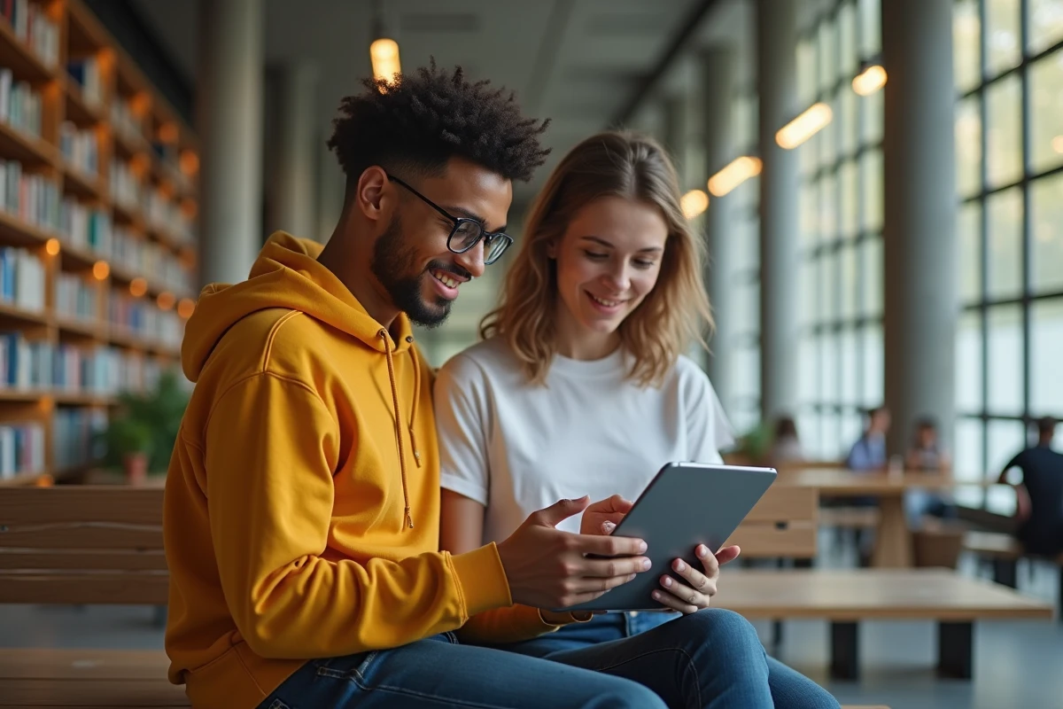 Deux étudiants consultant ensemble le plan d'un site de formation en ligne sur une tablette dans une bibliothèque universitaire