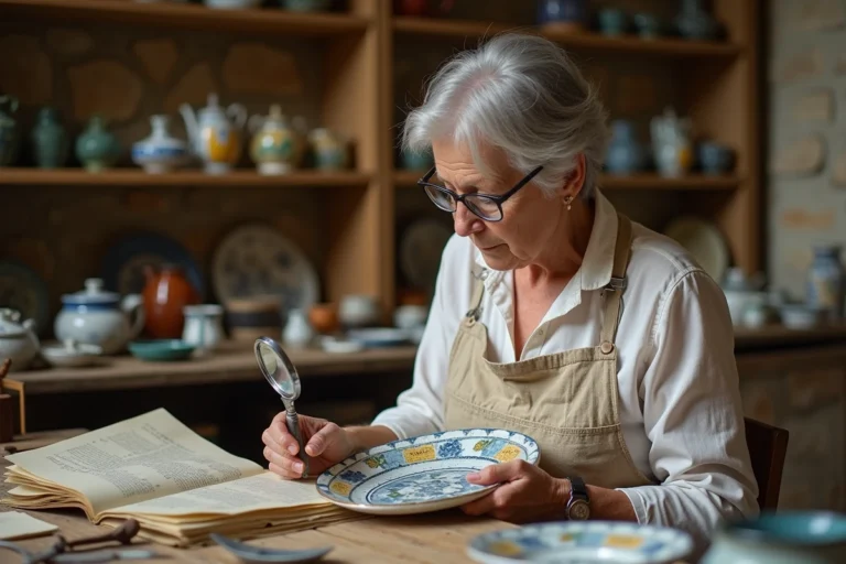Experte en faïence Henriot Quimper examinant le marquage au dos d'une assiette ancienne à la loupe dans une boutique d'antiquités