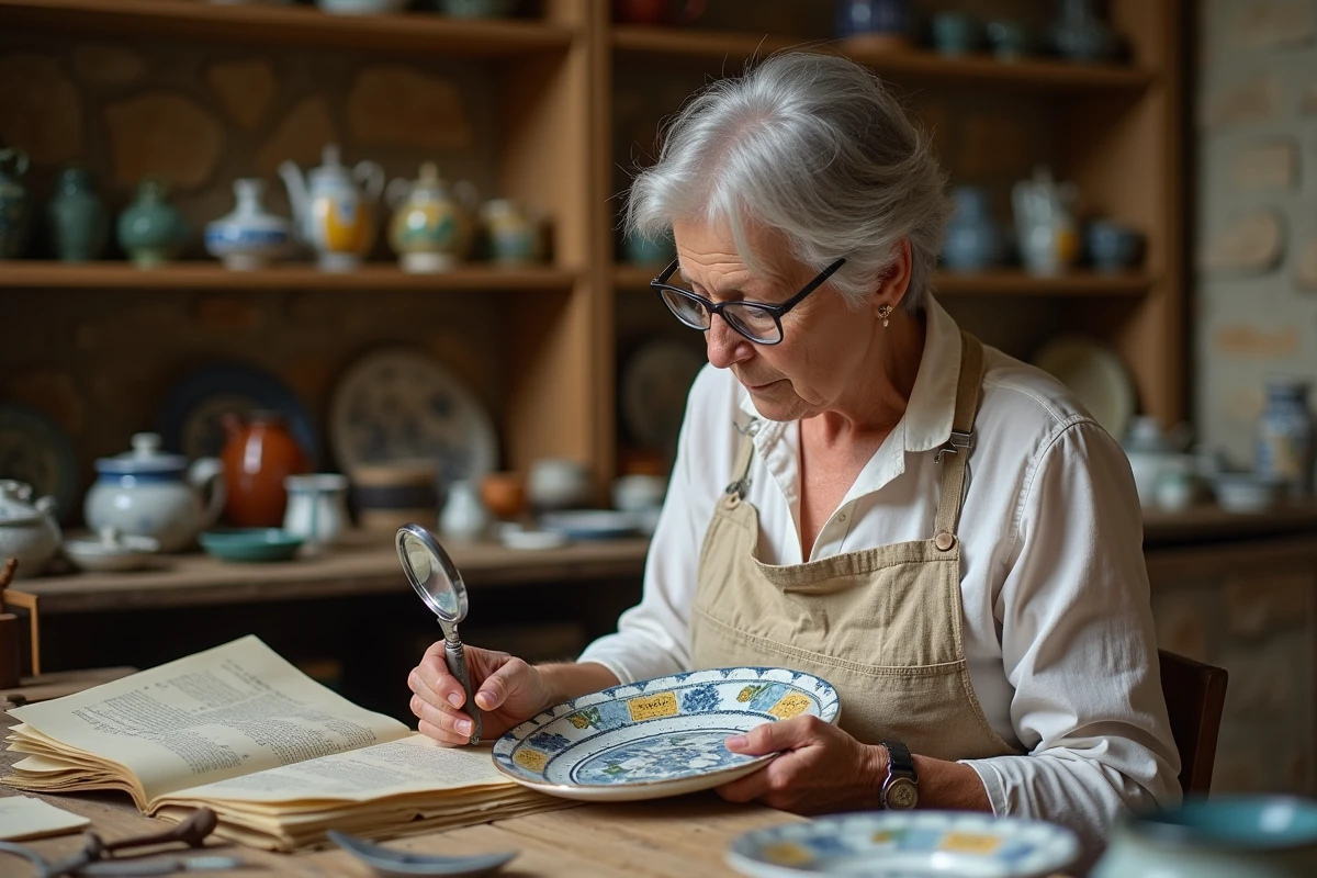 Experte en faïence Henriot Quimper examinant le marquage au dos d'une assiette ancienne à la loupe dans une boutique d'antiquités