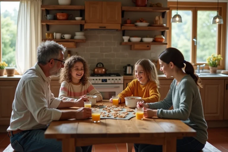 Famille épanouie jouant à un jeu de société autour d'une table en bois dans une cuisine rustique chaleureuse