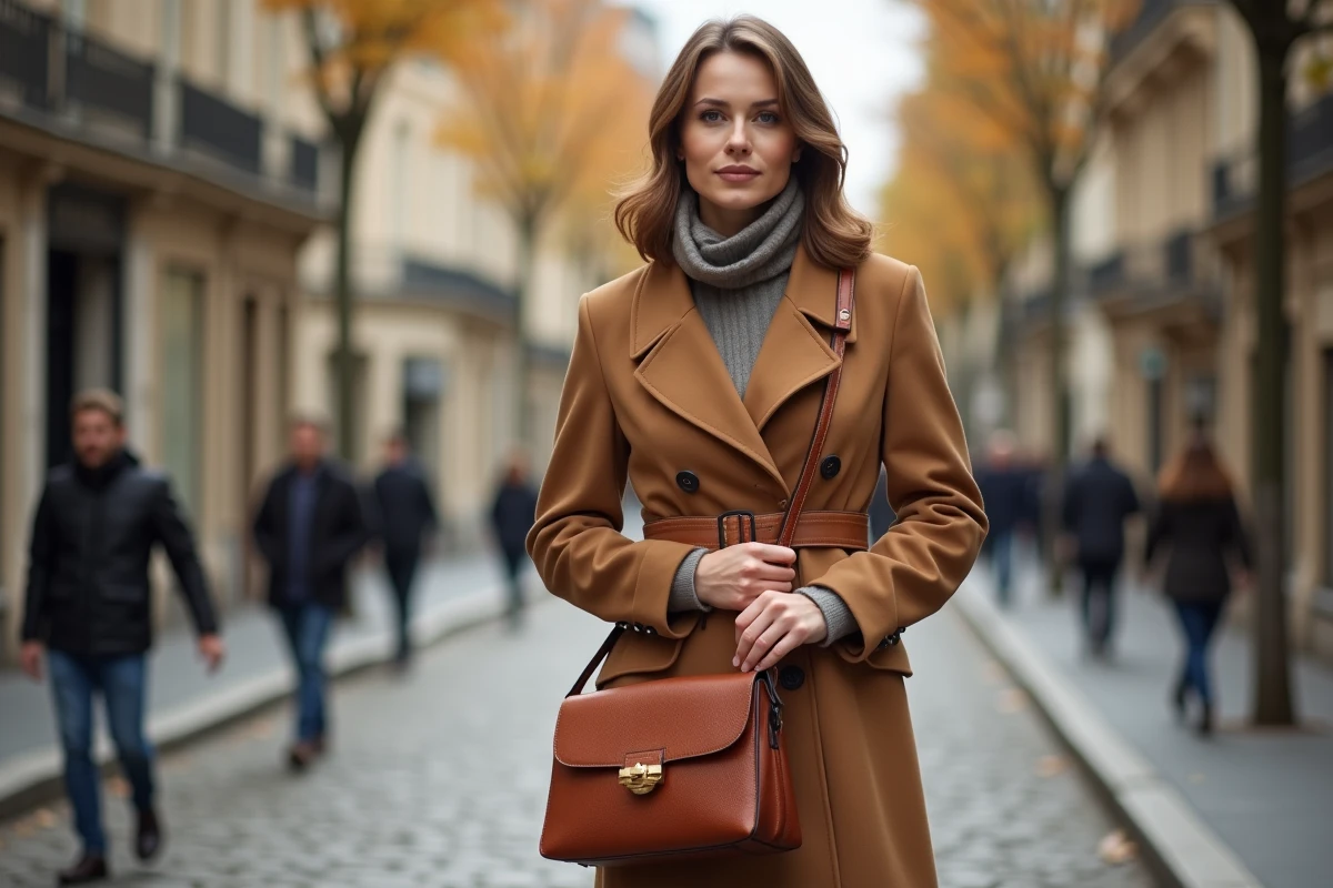 Femme élégante portant un manteau camel et un sac en cuir cognac dans une rue pavée parisienne en automne