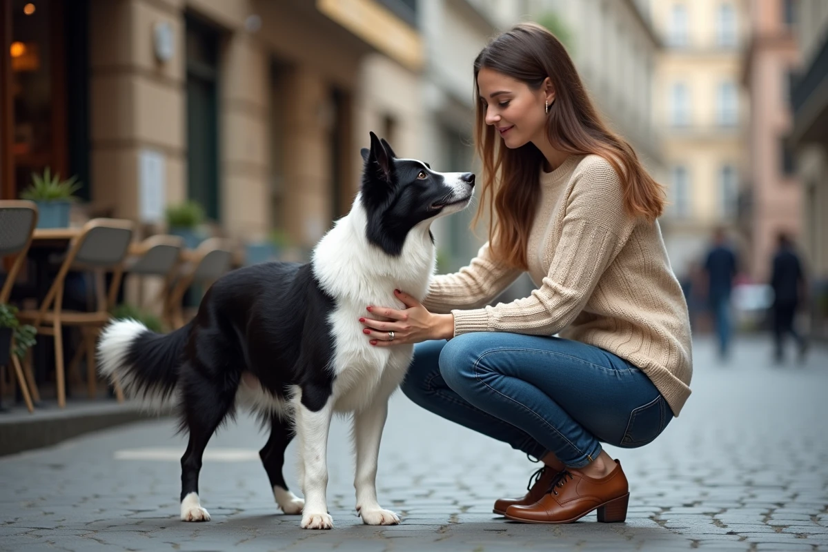 Jeune femme caressant un border collie noir et blanc sur un trottoir en pavés dans une rue européenne animée