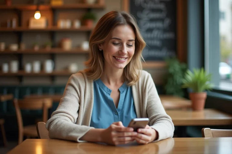 Femme souriante au café avec smartphone en main