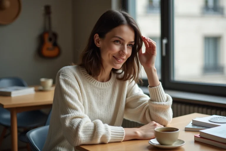 Femme aux cheveux naturels dans un appartement parisien