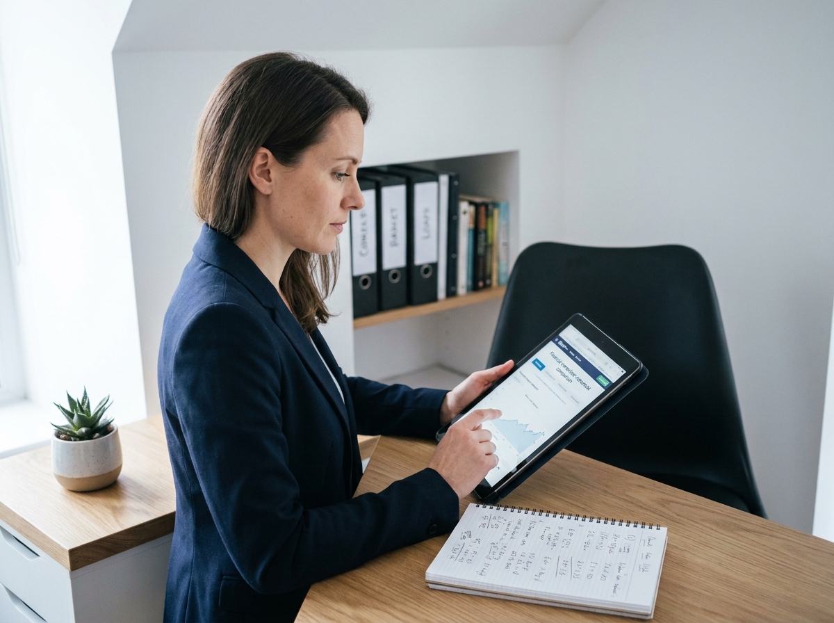 Femme comparant des offres de regroupement de crédits sur une tablette dans un bureau à domicile