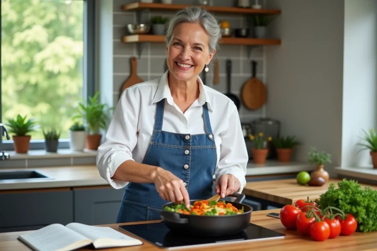 Femme souriante en cuisine avec légumes frais et carnet