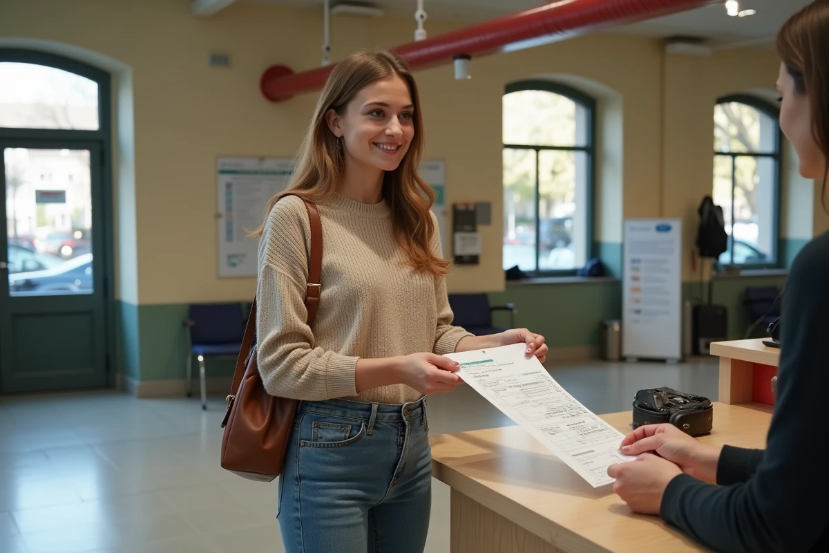 Jeune femme déposant un formulaire Cerfa à la mairie