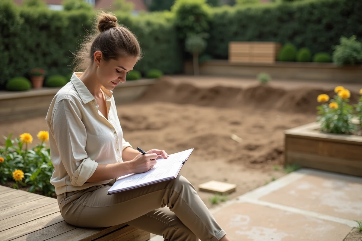 Femme dessinant un plan de jardin sur un deck en bois