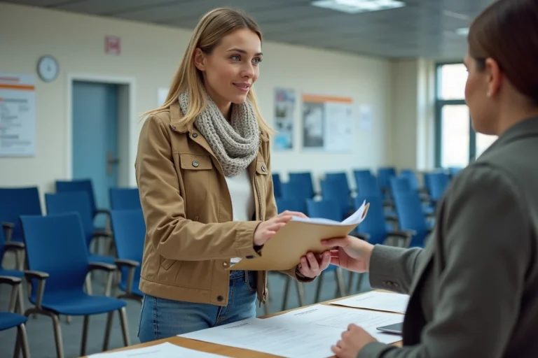 Femme remettant un dossier à un agent à la caisse