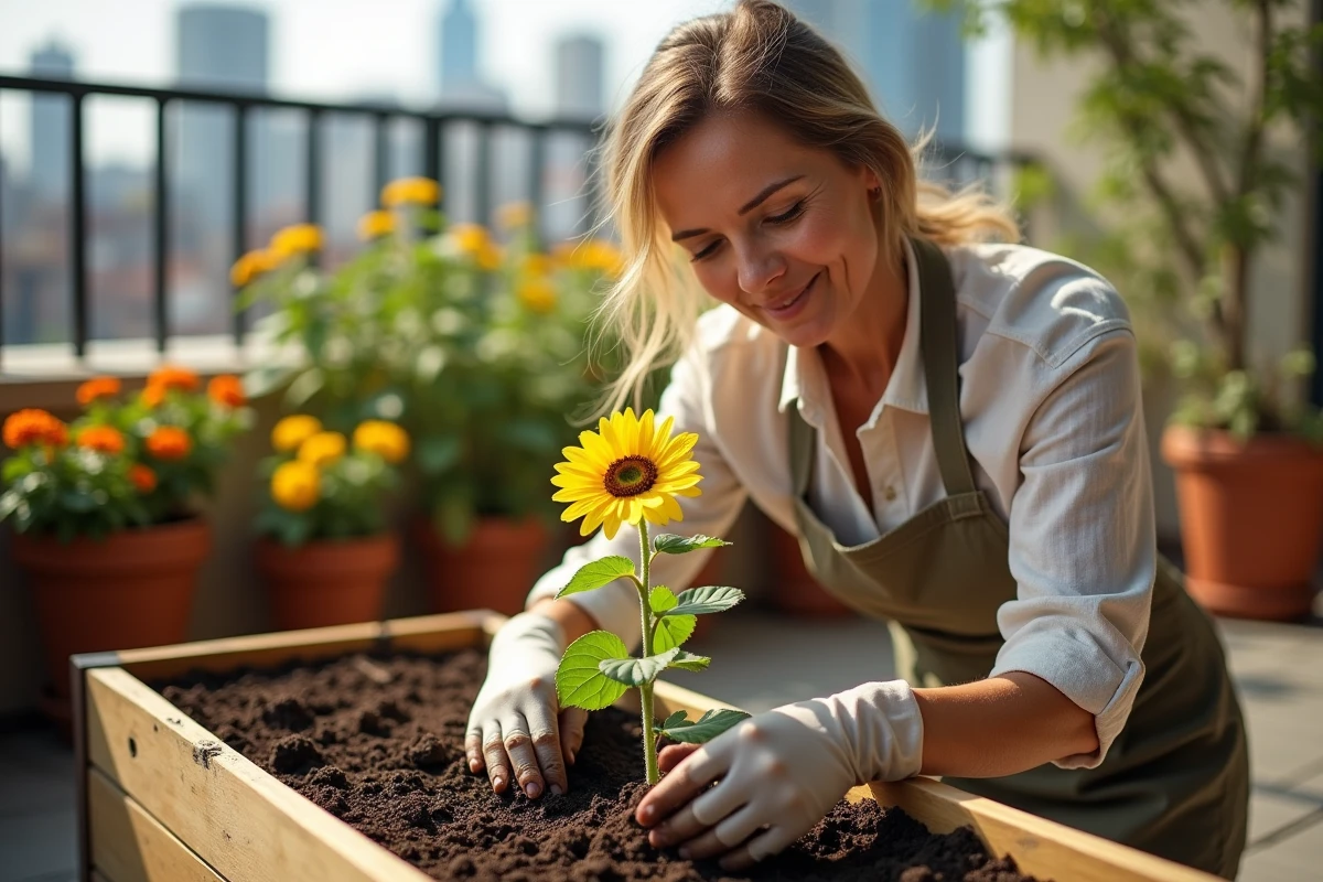 Femme jardinière plantant un tournesol dans un bac surélevé sur une terrasse urbaine entourée de pots de fleurs colorés