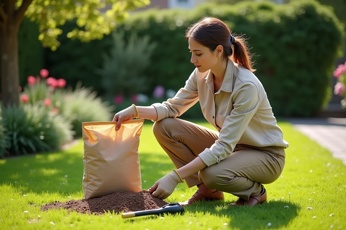 Femme jardinière lisant les instructions d'un sac d'engrais organique à base de fumier sur une pelouse verte au printemps