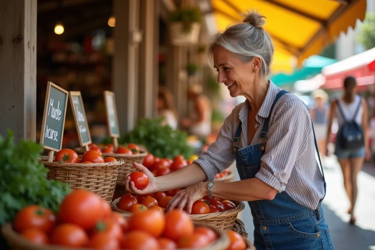 Femme française choisissant des tomates au marché