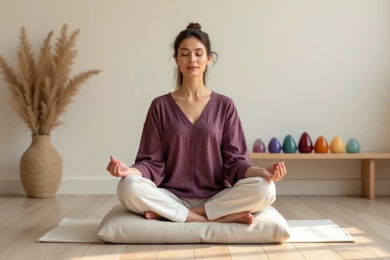 Femme en méditation entourée de cristaux représentant les sept chakras et leurs couleurs