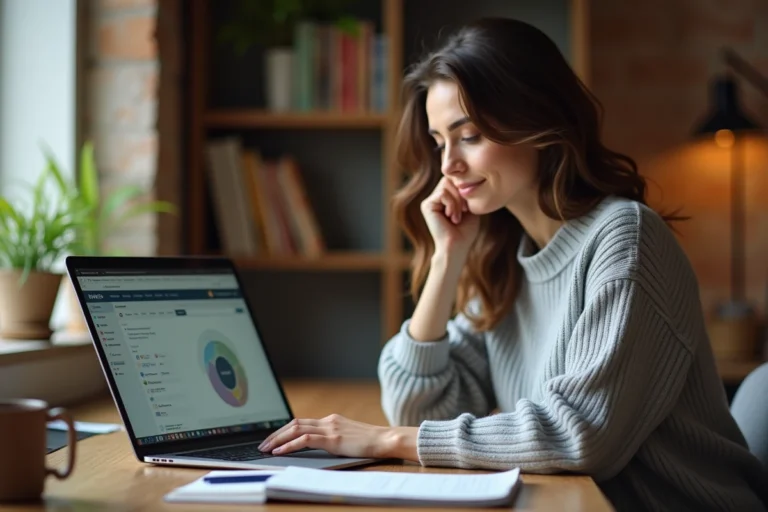 Femme parcourant le plan du site d'une plateforme de formation en ligne sur son ordinateur portable dans un bureau à domicile