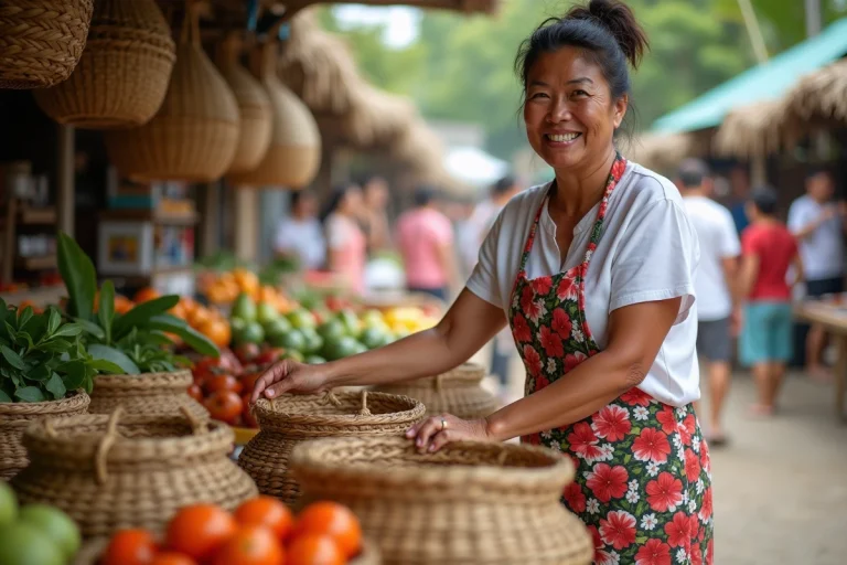 Femme polynesienne souriante dans un marché traditionnel
