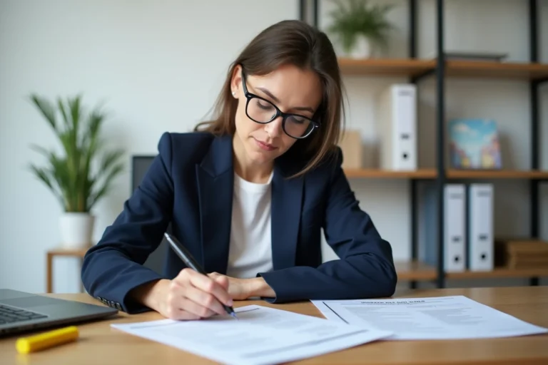 Femme remplissant un formulaire cerfa administratif à son bureau à domicile