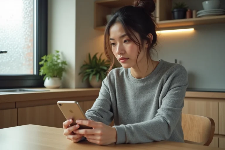 Femme consultant un numéro inconnu sur son smartphone à la cuisine, illustrant la recherche via un annuaire inversé
