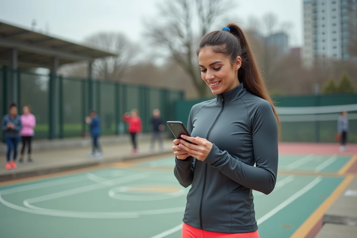 Femme sportive consultant un portail de ressources sportives sur smartphone devant un centre sportif urbain