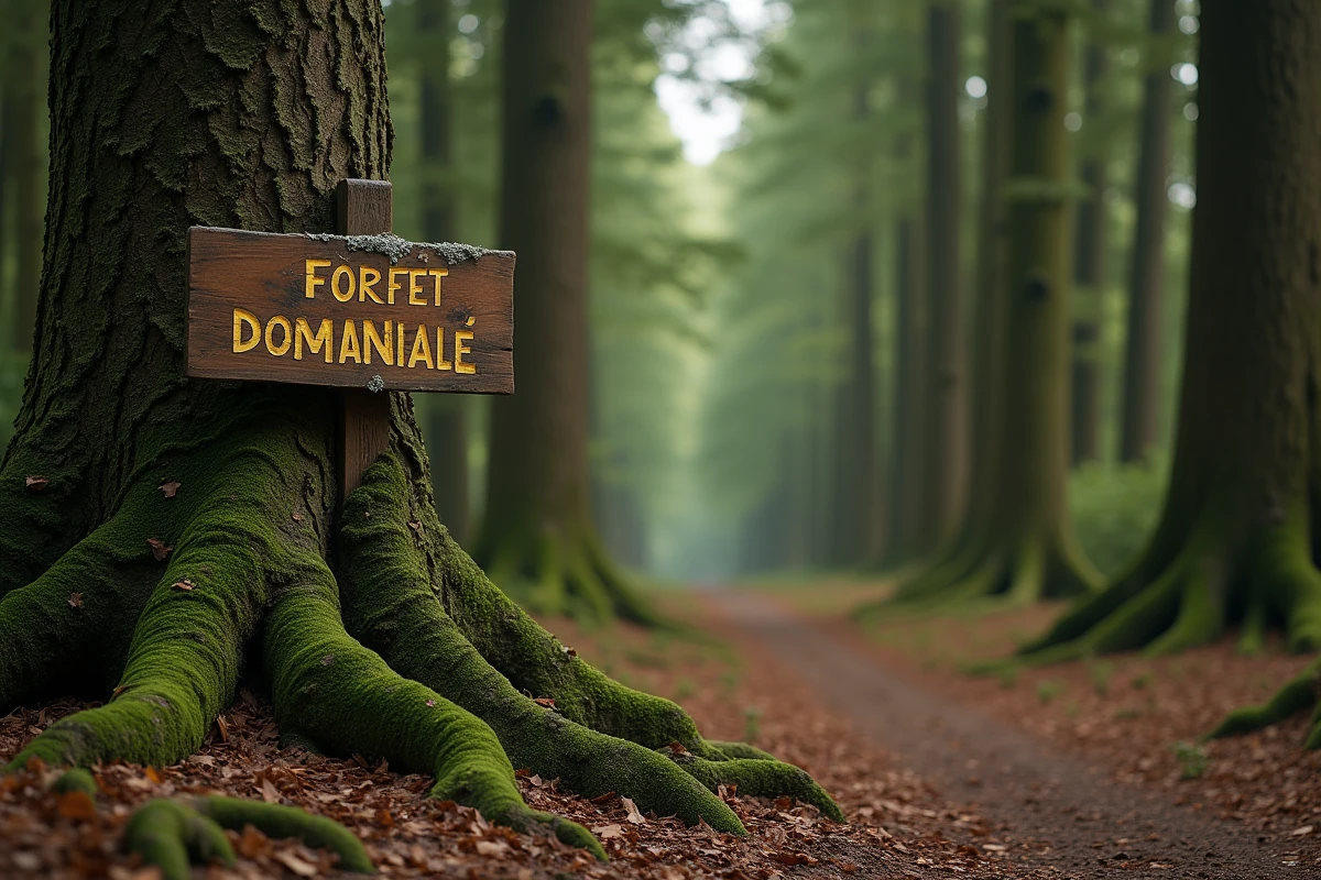 Forêt domaniale française avec panneau officiel, grands arbres centenaires et chemin forestier évoquant le domaine public de l'État