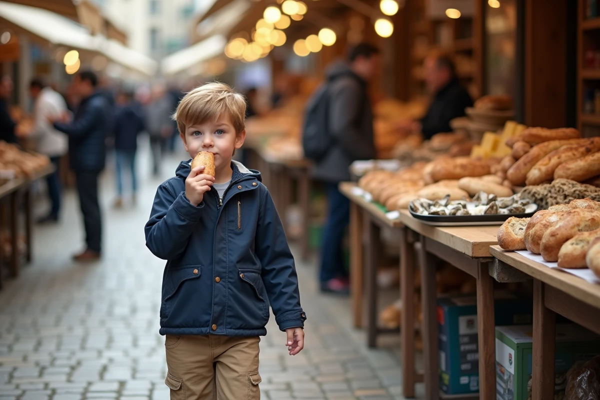 Jeune garçon dégustant une baguette au marché
