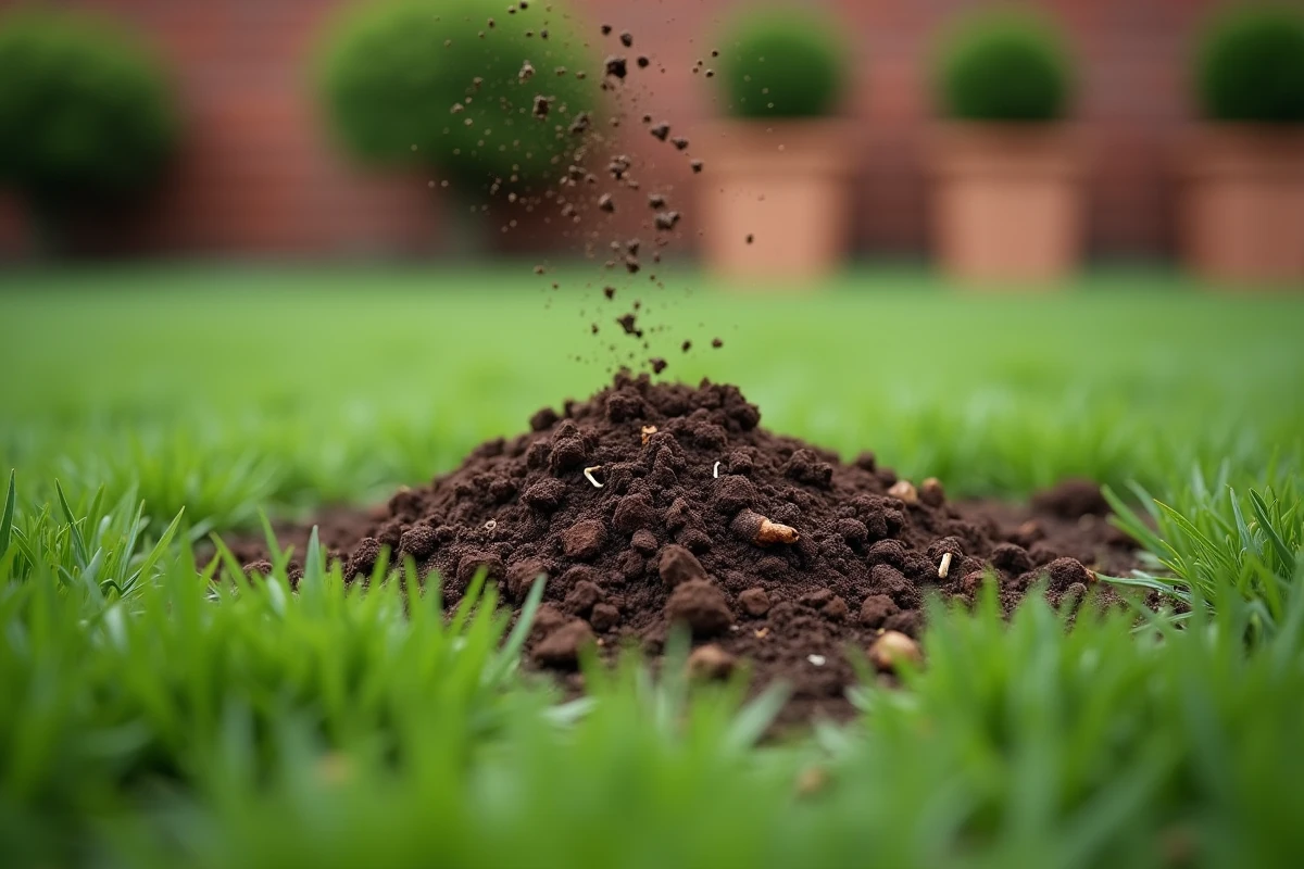 Gros plan de fumier composté épandu sur des brins d'herbe verte d'une pelouse résidentielle