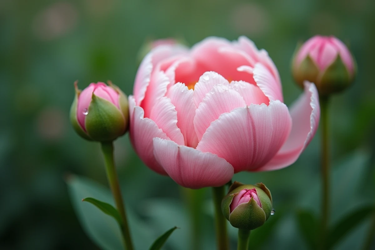 Gros plan d'une pivoine rose en fleur couverte de gouttes de rosée dans un jardin au petit matin