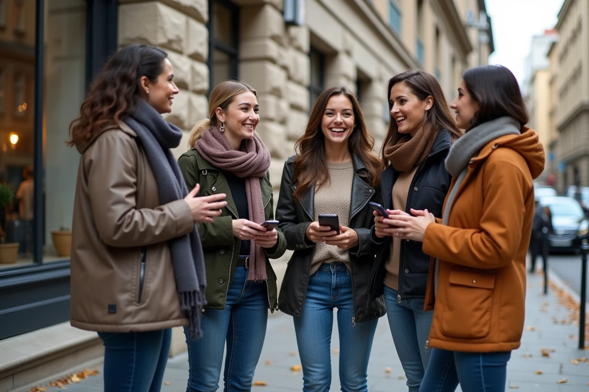Groupe de femmes discutant en ville avec feuilles d