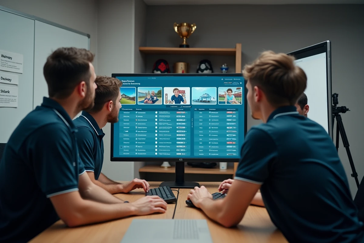 Groupe de sportifs réunis autour d'un écran consultant un tableau de bord d'actualités et ressources sportives dans une salle de réunion de club