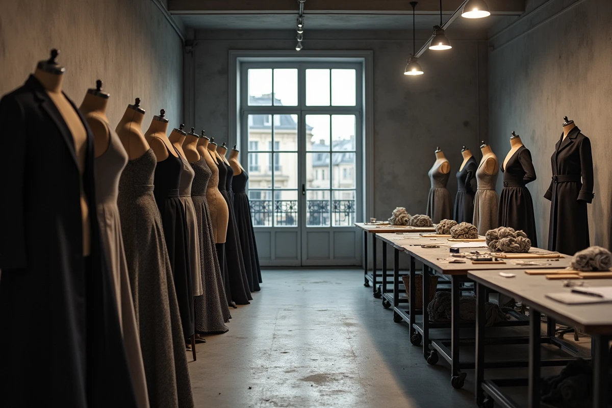 Atelier de haute couture parisien vide avec mannequins de couture et vêtements inachevés en tweed, évoquant l'héritage artistique et patrimonial de la maison Chanel